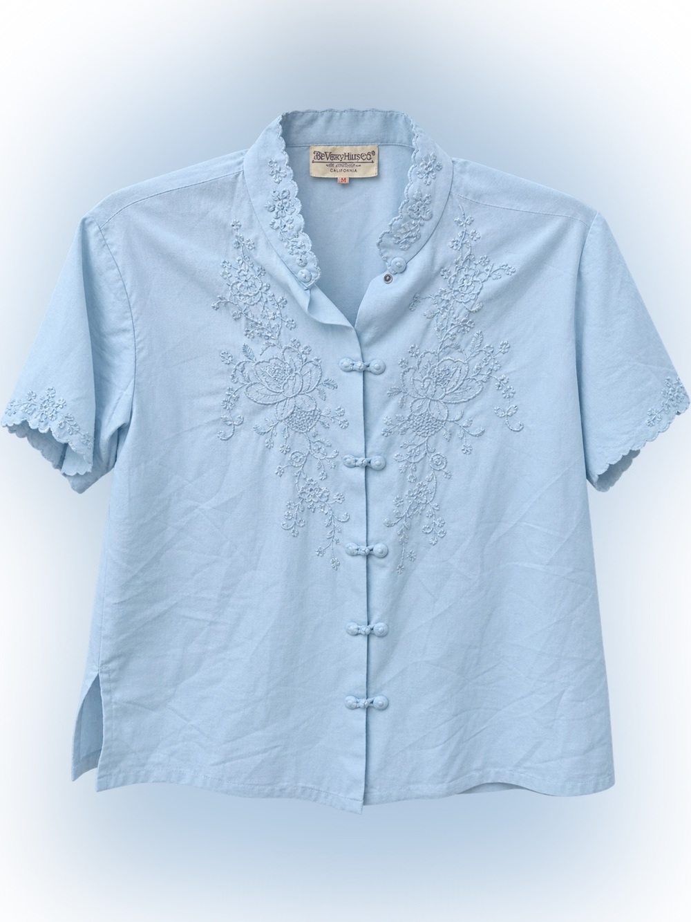Vintage Embroidered Mandarin Collar Top - Light Blue